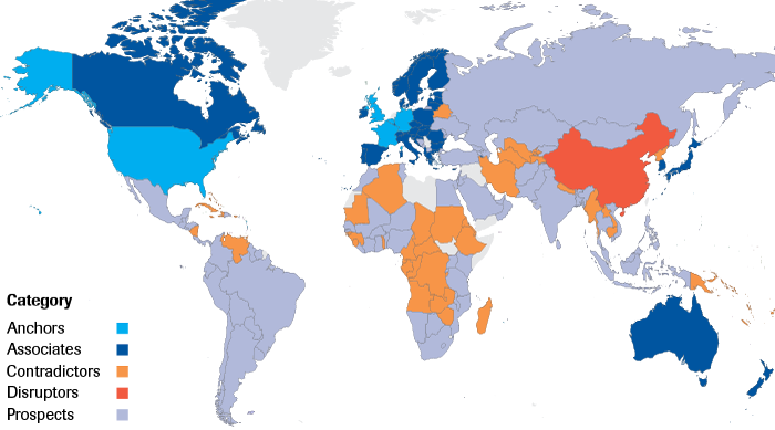 Map of the five different categories in 2018